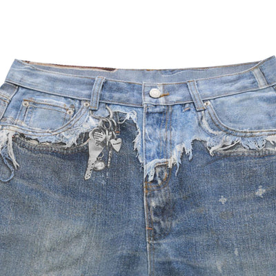 Vintage Washed Distressed Denim Bermuda Shorts with Frayed Panels