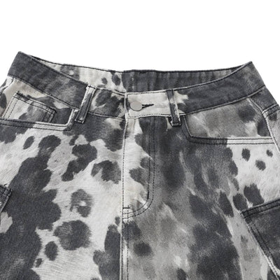 Washed Ink Dye Cow Print Cargo Pocket Relaxed Wide-Leg Bermuda Denim Shorts