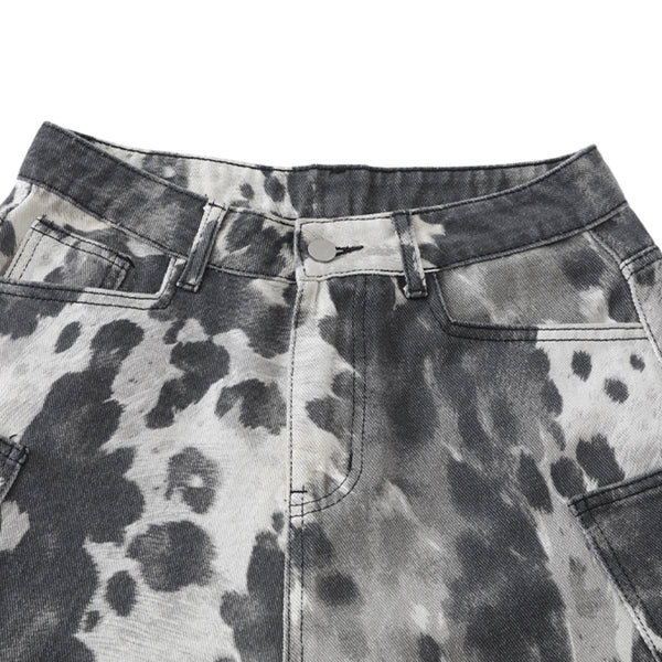 Washed Ink Dye Cow Print Cargo Pocket Relaxed Wide-Leg Bermuda Denim Shorts