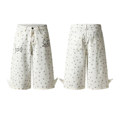 Washed Star Print Wing Detail Relaxed Wide-Leg Cropped Denim Pants