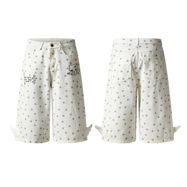 Washed Star Print Wing Detail Relaxed Wide-Leg Cropped Denim Pants