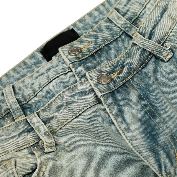Men's Two-Tone Double Waist Denim Pants Washed Distressed Punk