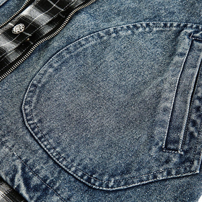 Men's Retro Plaid Patchwork Fake Two-piece Denim Jacket