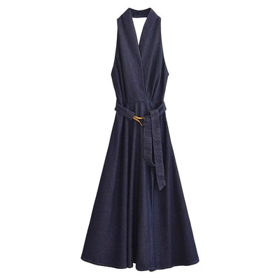Halter Neck Denim Belted Dress