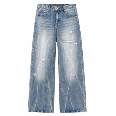 Distressed Fade Relaxed Flare Denim Jeans