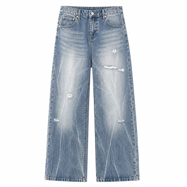 Distressed Fade Relaxed Flare Denim Jeans