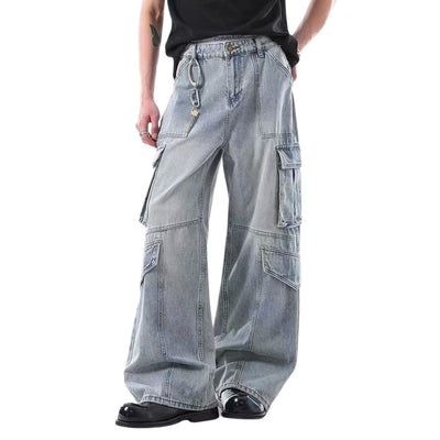Vintage Wash Multi-Pocket Cargo Straight Leg Denim Jeans