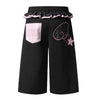 Washed Star Print Ruffle Waist Plaid Relaxed Bermuda Shorts