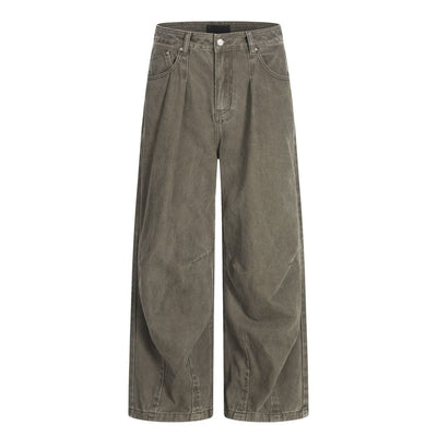 Men's Washed Punk Pleated Loose-Fit Casual Wide-Leg Denim Pants