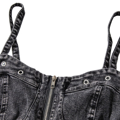 Front-Zip Smocked Denim Mini Dress