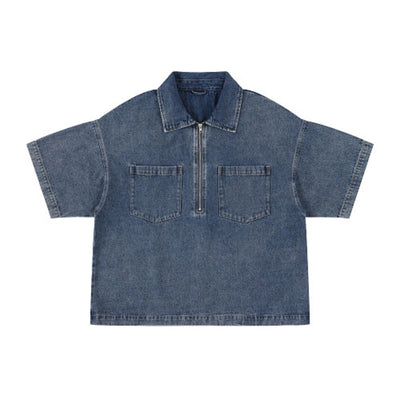 Vintage Washed Denim Zip Polo Shirt