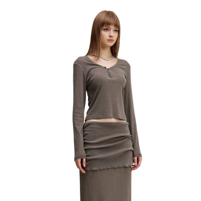 Long-Sleeve Ribbed Henley Top 275gsm