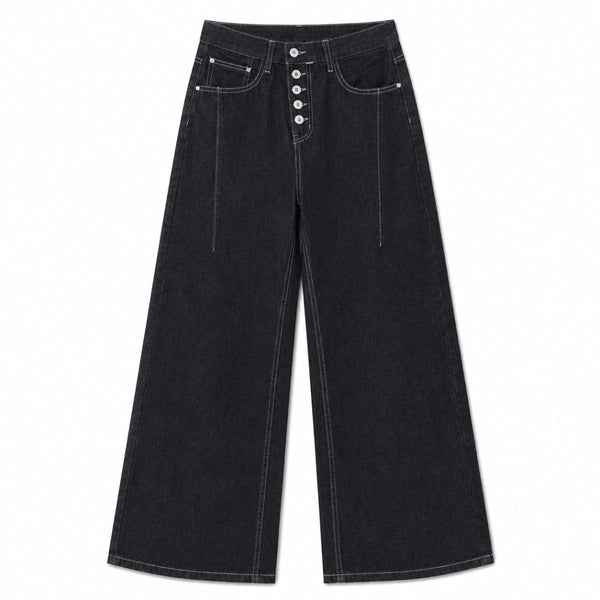 Button Fly Relaxed Straight Leg Raw Denim Jeans