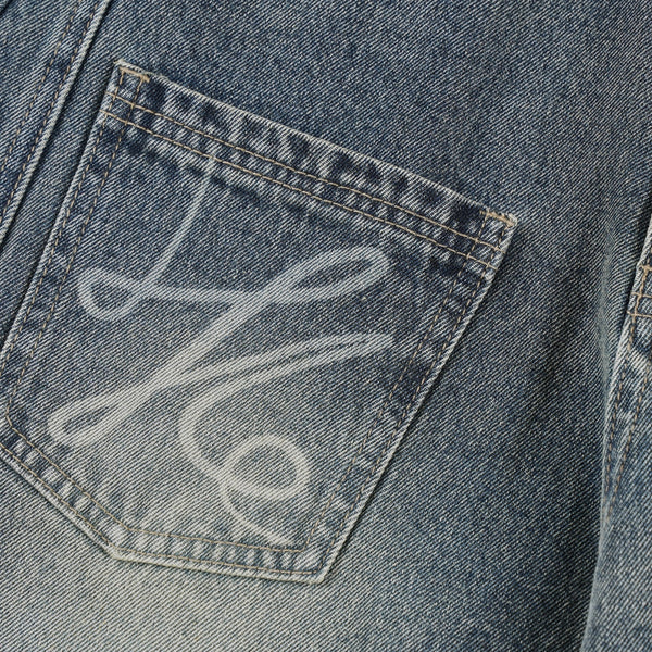 Laser Print Vintage Curved Denim Wide Leg Jeans