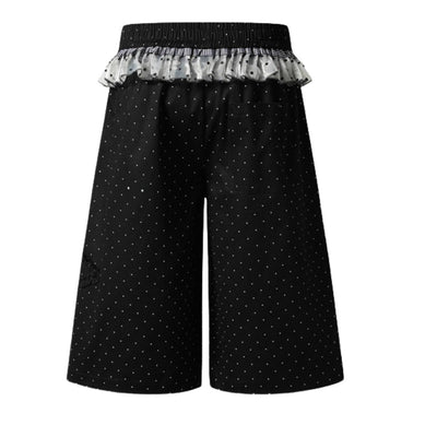 Y2K Polka Dot Graphic Ruffle Waist Baggy Wide-Leg Bermuda Denim Shorts