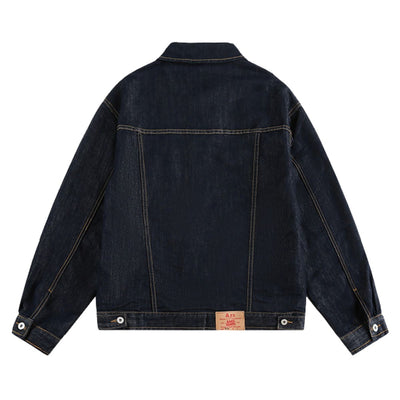 Unisex Loose Lazy Style Retro Cute Animal Embroidered Lapel Washed Denim Jacket