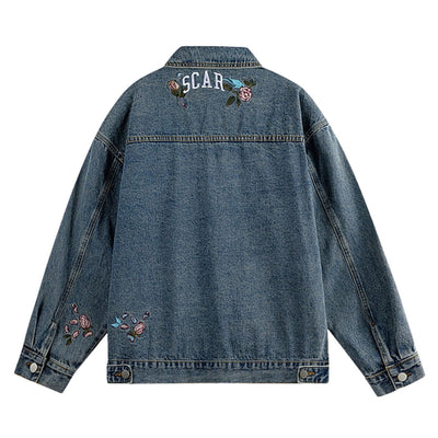Casual Vintage Washed Floral Embroidered Hip-hop Denim Jacket
