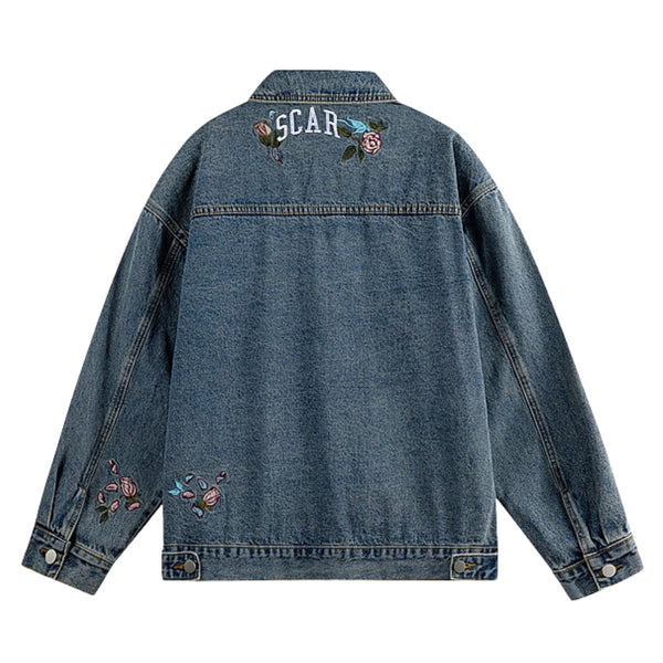 Casual Vintage Washed Floral Embroidered Hip-hop Denim Jacket