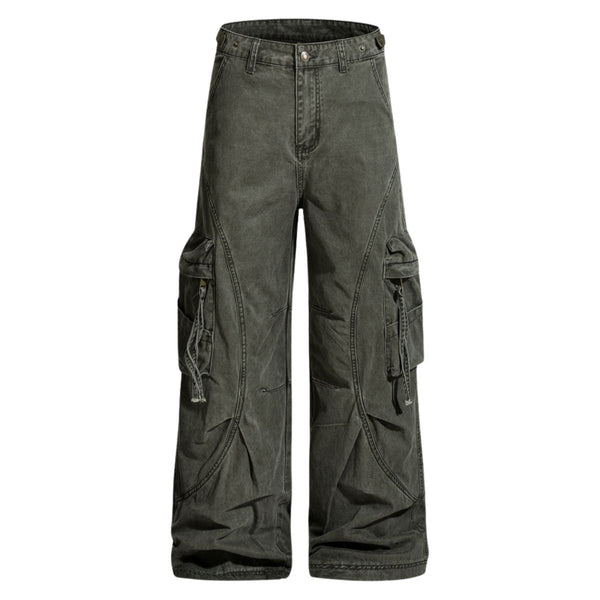 Men's Distressed Washed Denim Cargo Pants Punk Street Loose Zipper