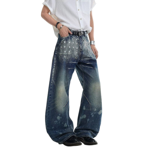 Paint Splatter Barrel Leg Denim Jeans with Rivet Details