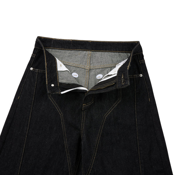 Raw Yellow-Stitch Wide-Leg Curved Baggy Denim Pants