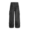 Men's Distressed Washed Denim Cargo Pants Wide Leg Unique Structured