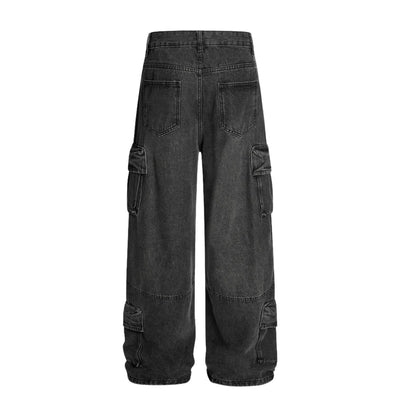 Men's Distressed Washed Denim Cargo Pants Wide Leg Unique Structured
