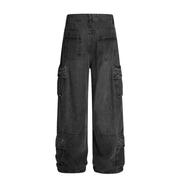 Men's Distressed Washed Denim Cargo Pants Wide Leg Unique Structured