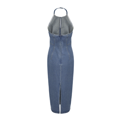 Halter Neck Cut-Out Denim Midi Dress