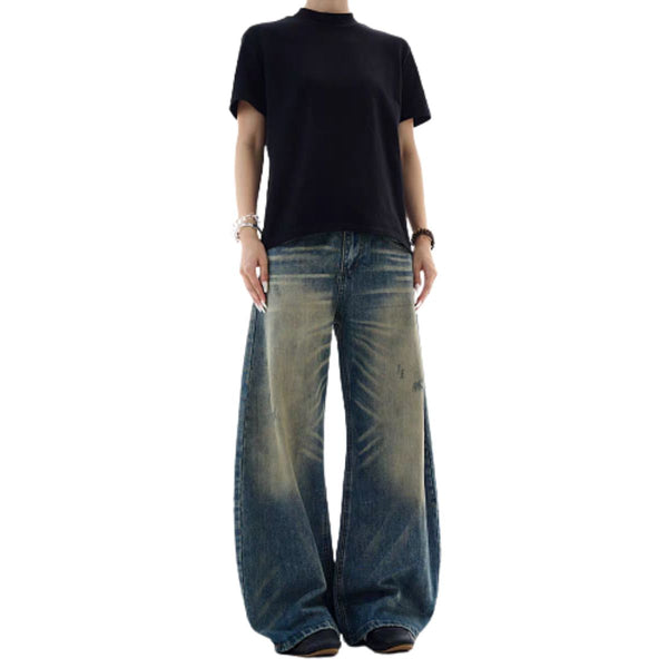 Washed Vintage Curved Leg Loose Fit Denim Jeans