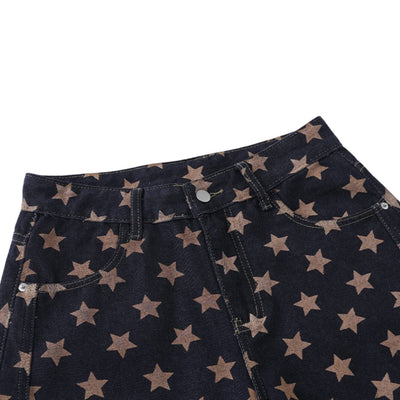Vintage Star Print Loose Wide-Leg Denim Pants