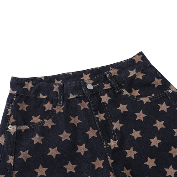 Vintage Star Print Loose Wide-Leg Denim Pants