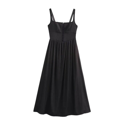 Black Button-Front Strappy Midi Dress