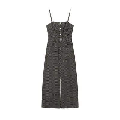 Polka Dot Strappy Denim Midi Dress