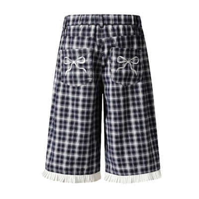 Washed Plaid Graphic Patchwork Bow Detail Relaxed Wide-Leg Capri Denim Pants