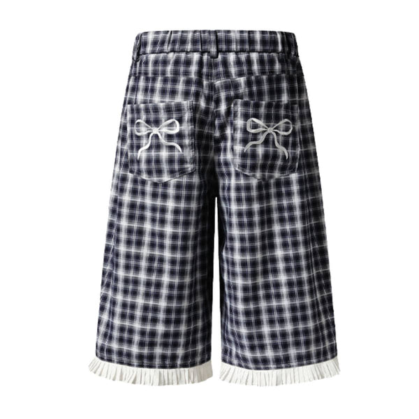 Washed Plaid Graphic Patchwork Bow Detail Relaxed Wide-Leg Capri Denim Pants