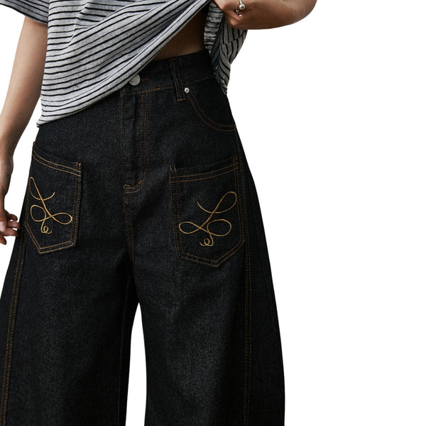Embroidered Pocket Indigo Denim Shorts