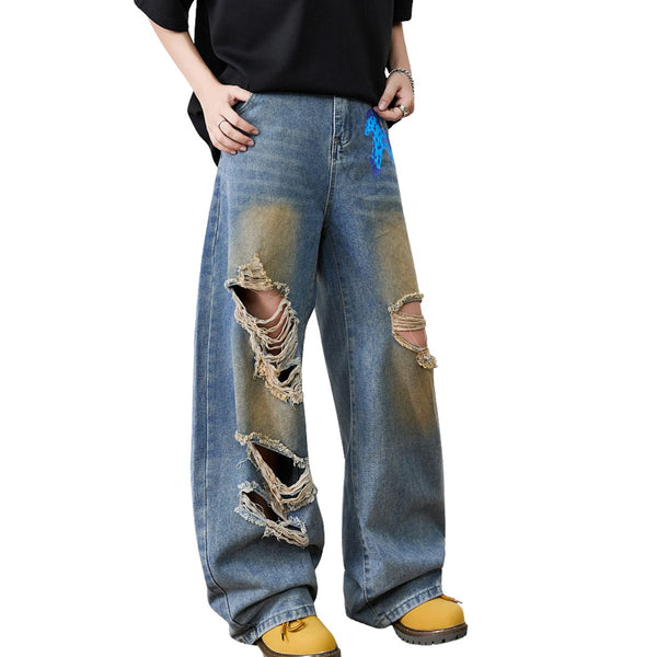 Distressed Barrel Leg Denim Jeans with Heavy Rip Details