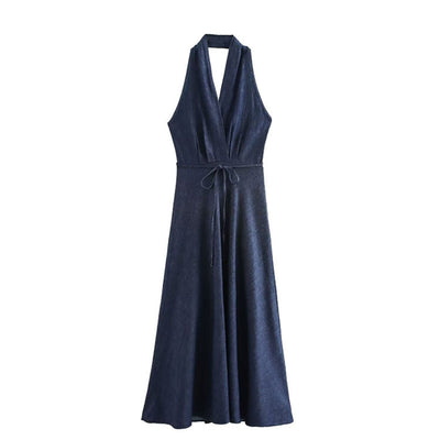 Tie Waist Halter Neck Flared Denim Mididress
