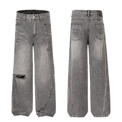 Smoky Gray Distressed Wide-Leg Jeans