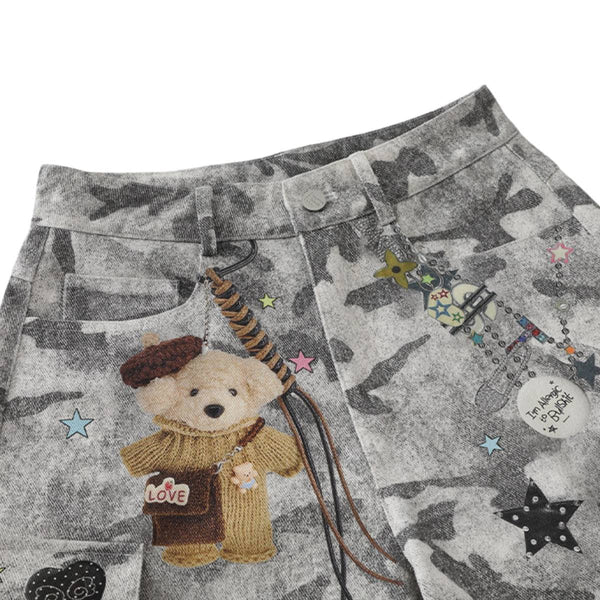 Washed Camo Graffiti Bear Patch Relaxed Wide-Leg Utility Bermuda Shorts