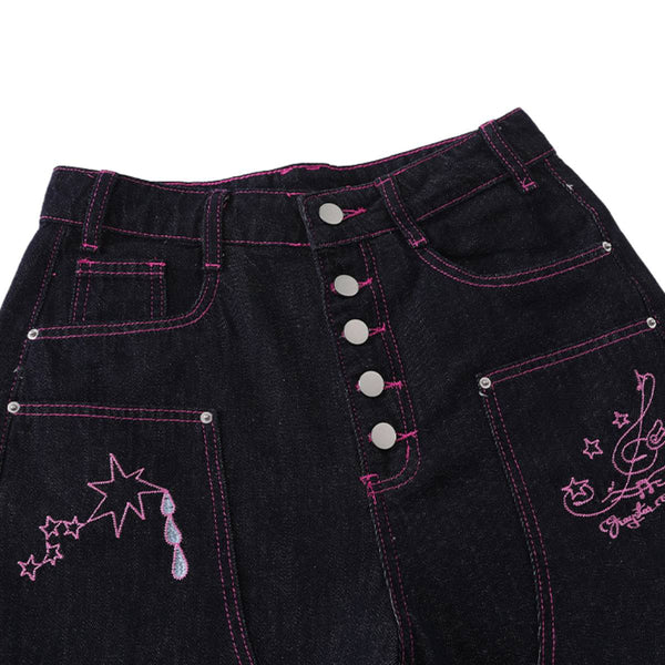 Washed Contrast Star Heart Embroidered Button Wide-Leg Bermuda Shorts