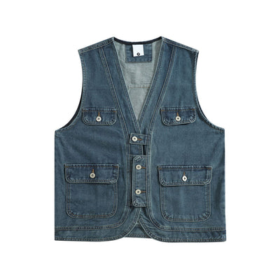 Relaxed V-Neck Denim Cargo Vest