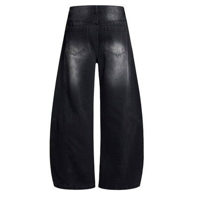 Vintage Washed Curved Loose Wide-Leg Jeans