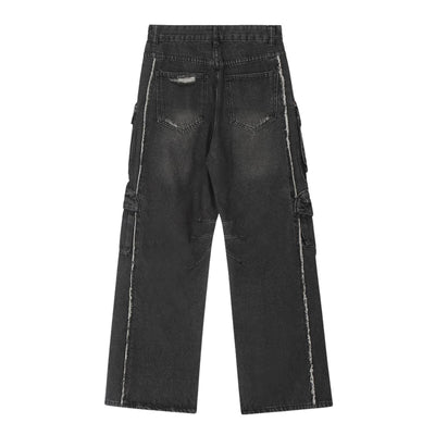 Men's Cargo Denim Pants Wide Leg Distressed Punk Street Unique