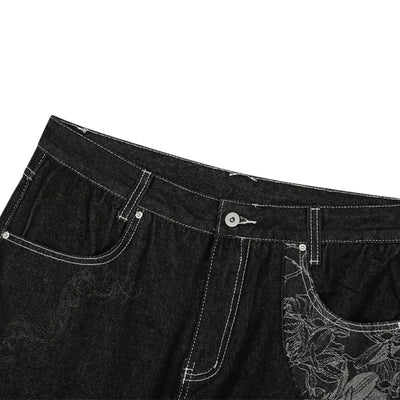 Men's Embroidered Denim Wide Leg Pants Street Vibe Unique Pockets