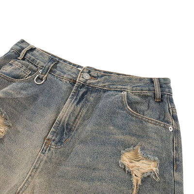 Vintage Distressed Wide Straight Leg Denim Jeans