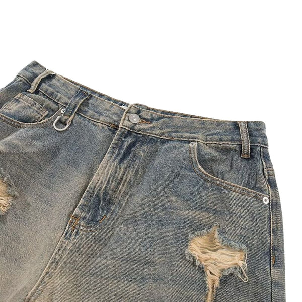 Vintage Distressed Wide Straight Leg Denim Jeans