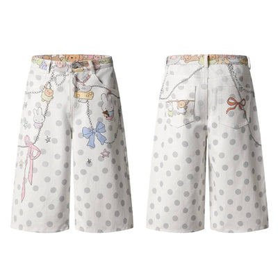 Washed Rabbit Print Polka Dot Bow Detail Relaxed Wide-Leg Bermuda Shorts