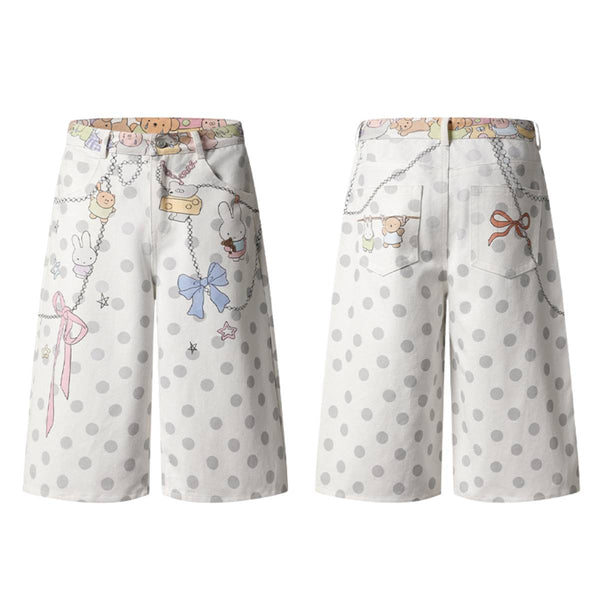 Washed Rabbit Print Polka Dot Bow Detail Relaxed Wide-Leg Bermuda Shorts
